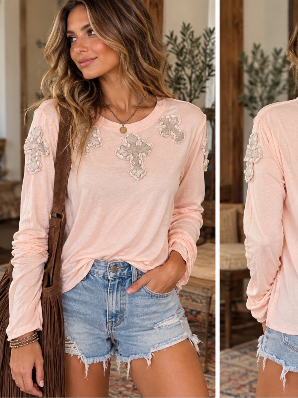 Vintage Johnny Was Joystick Dreamland Pink Cross Appliqué Long Sleeve Top L
